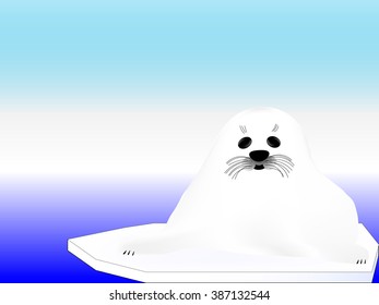 White seal lies on the ice against the sea and sky