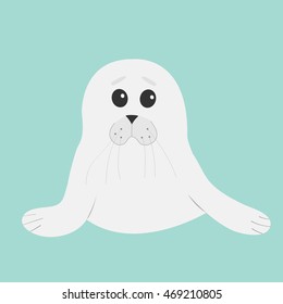 White seal pup baby harp. Cute cartoon character. Blue background. Flat design Vector illustration