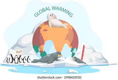 White seal and sea bear lies on ice floe. Wild animals penguins need help on glacier in antarctica. Mammal living in arctic. Fur-seal lies on iceberg suffer from climate change and global warming