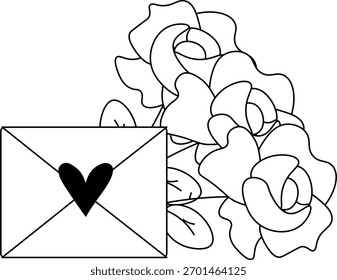 White sealed envelope with a heart on it and roses Valentine's Day composition. Vector graphic line illustration. receiving or sending a letter. Information love transfer.
