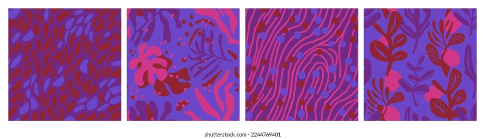 White Seamless Abstract Isolated Template Texture. Purple Seamless Fashion Plant Shape, Seamless Backdrop. Bright Endless Classic Tropic Artwork Pattern. 