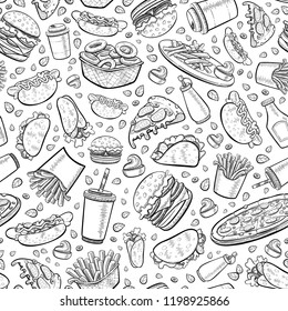 White seamless background with hand line illustration. Vector fast food pattern: burgers, french fries, hot dog, pizza, tacos, coffee, cold drink, ketchup.