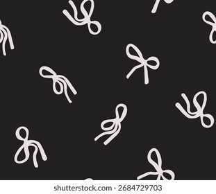 White seamless bow and ribbon on black background, cute repeat coquette bow pattern wallpaper illustration, hand drown girly bow pattern trending bow pattern.