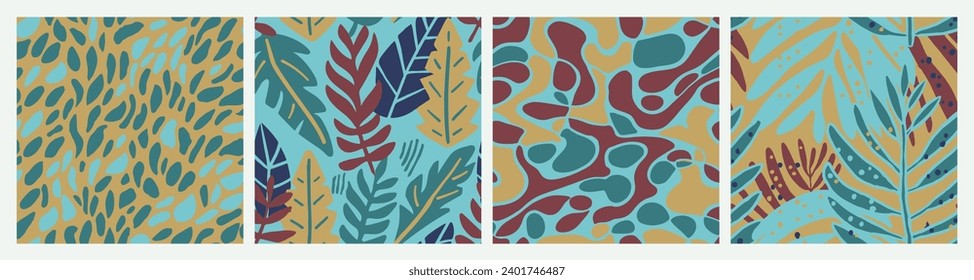 White Seamless Color Palm Surface Wallpaper. Green Continuous Nature Tree Leaves, Seamless Texture. Pink Seamless Creative Artistic Paint Backdrop. 