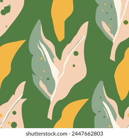 White Seamless Contemporary Simple Template Wallpaper. Gradient Continuous Elegant Palm Scribble, Seamless Backdrop. Yellow Repetitive Creative Spring Leaves Pattern. 