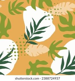 White Seamless Creative Plant Paint Wallpaper. Yellow Repeated Contemporary Bloom Ornament, Seamless Print. Orange Continuous Abstract Fresh Decor Art. 