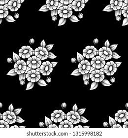 White seamless daisy flowers pattern isolated on black background