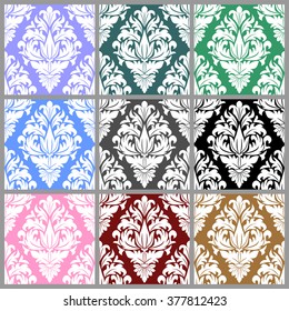 White seamless damask Ornament. Set of nine Colors