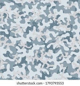 Camuflaje vectorial sin costura blanca. Nubes de vectores artísticos impecables del bosque de camuflaje plateado. Patrón Gris De Camuflaje Sin Marea. Fondo Gráfico Del Soldado Repetido De Nieve. Gris