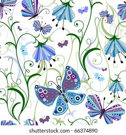 White seamless floral pattern with blue-violet flowers and butterflies (vector)