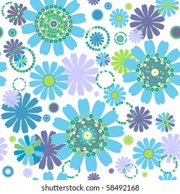 White seamless floral pattern with flowers and colorful circles (vector)