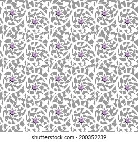 White seamless floral pattern with lace and pearls on a gray background