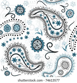 White seamless floral pattern with paisley and flowers (vector)