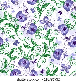 White seamless floral pattern with violet flowers and butterflies (vector)
