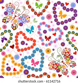 White seamless floral valentine pattern with hearts and  butterflies (vector)