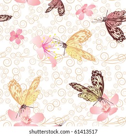 White seamless floral valentine pattern with flowers and butterflies pink, brown and white spring image