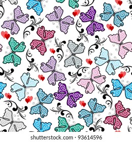 White seamless floral valentine pattern with colorful butterflies and red hearts (vector)