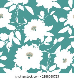 flores vectoriales florales sin soldadura blancas con patrón de hojas sobre fondo verde