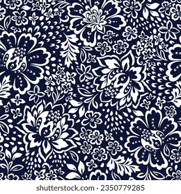 white seamless floral vector flowers leaves pattern on navy background