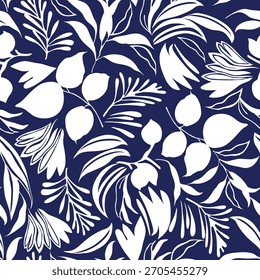 Patrón de hoja de Vector floral transparente blanco sobre fondo