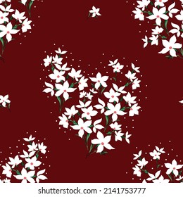 white seamless floral vector small flowers with green leaves bunches pattern on red background