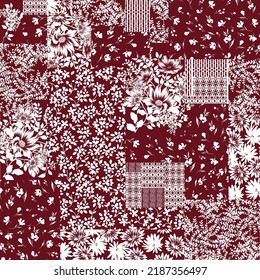 flor vectorial floral sin costura blanca flores pequeñas con patrón de bandanna de hojas sobre fondo rojo