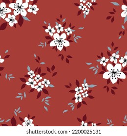 white seamless floral vector small flowers with leaves pattern on red background