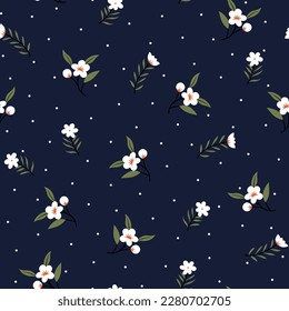 white seamless floral vector small flowers with green leaves bunches pattern on retro navy background