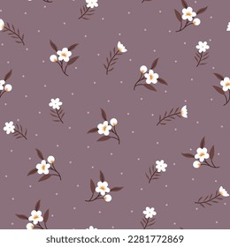 white seamless floral vector small flowers with leaves pattern on retro background