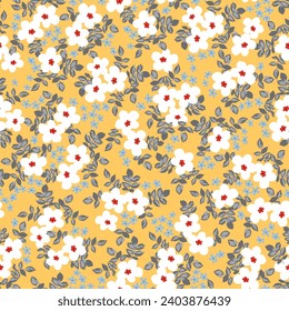 white seamless floral vector small flowers with grey leaves pattern on yellow background