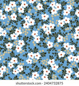 white seamless floral vector small flowers with green leaves pattern on blue background