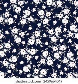 white seamless floral vector small flowers leaves pattern on navy background