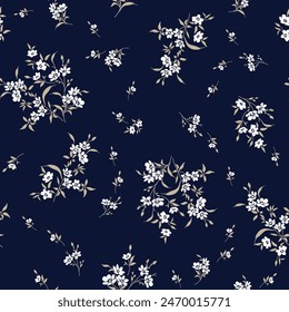 white seamless floral vector small flowers with cream leaves pattern on navy background