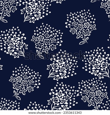 white seamless floral vector small flowers leaves bunches pattern on navy background