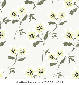 white seamless floral vector stock flowers leaves pattern on mustered background