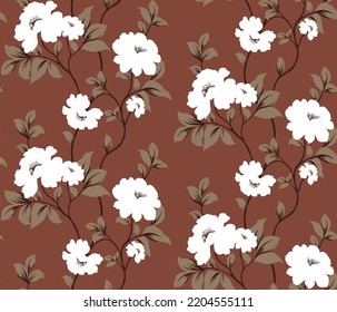 white seamless flowers with cream leaves pattern on background