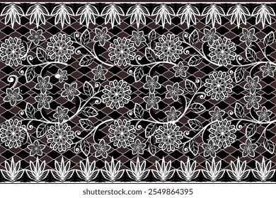 White seamless geometric lace pattern, black mesh background. Vector illustration. Curtain. Fashion clothing.