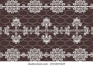 White seamless geometric lace pattern, brown mesh background. Vector illustration. Curtain. Fashion clothing.
