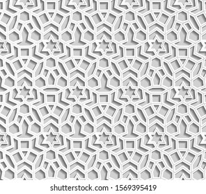 White Seamless geometric pattern. Islamic pattern. arabic, east ornament, indian ornament, persian motif, 3D.  Ramadan Kareem  greeting card, banner. geometric ornate, shining vector illustration.