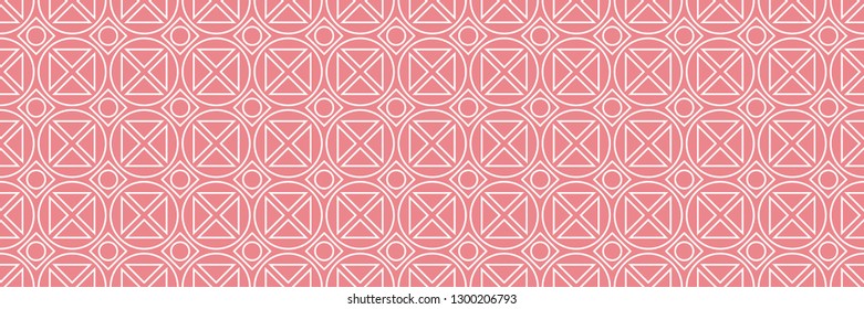 White seamless geometric pattern on pink long background. Mixed geometric shapes