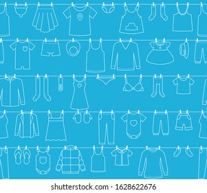 White seamless graphics. Cord with hanging laundry. Simple vector line. Blue background.