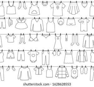 White seamless graphics. Cord with hanging laundry. Simple vector line. Isolated on white background.