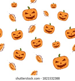 White seamless halloween background with orange pumpkin faces pattern. Vector illustration