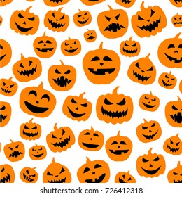 White seamless halloween background with orange pumpkin faces pattern. Vector illustration.