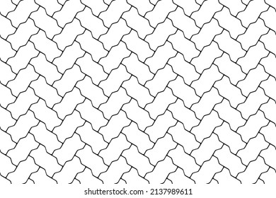 White seamless herringbone pattern of pavement with interlocking figured blocks. Vector pathway texture top view. Outdoor concrete slab sidewalk. Cobblestone patio. Graphic geometric surface