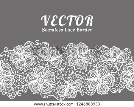 White seamless lace border with flowers. Black floral lace pattern