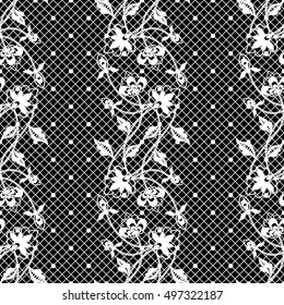 White seamless lace floral pattern on black background. Infinitely wallpaper, decoration for your design, lingerie and jewelry. Your invitation cards, wallpaper, and more.