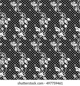 White seamless lace floral pattern on black background. Infinitely wallpaper, decoration for your design, lingerie and jewelry. Your invitation cards, wallpaper, and more.
