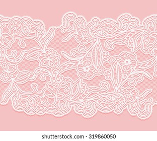White seamless lace pattern on a pink background. Horizontal lacy tape for design. Vector illustration