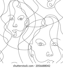 white seamless modern abstract pattern with portraits of girls in one line in the style of Mathis drawn in vector 